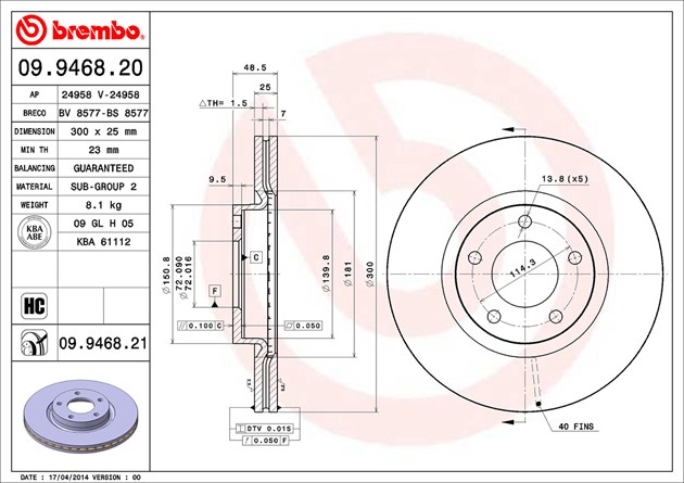 Brembo Brake Rotor, Vented, One Piece Design, Wheel Bolt Pattern 5 X 114.3 Millimeter – 09946821C02