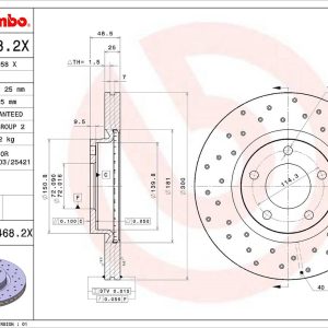 Brembo Brake Rotor, Xtra, Vented Cross Drilled, One Piece Design, Wheel Bolt Pattern 5 X 114.3 Millimeter – 0994682XC02