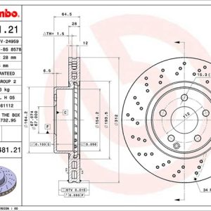 Brembo Brake Rotor, Vented Cross Drilled, One Piece Design, Wheel Bolt Pattern 5 X 112 Millimeter – 09948121C02