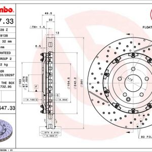 Brembo Brake Rotor, Vented Cross Drilled, One Piece Design, Wheel Bolt Pattern 5 X 112 Millimeter – 09954733C02
