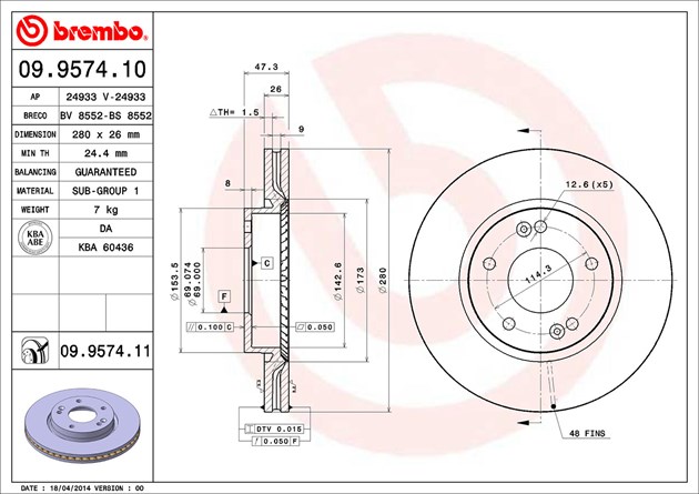 Brembo Brake Rotor, Vented, One Piece Design, Wheel Bolt Pattern 5 X 114.3 Millimeter – 09957411C02
