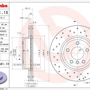 Brembo Brake Rotor, Xtra, Vented Cross Drilled, One Piece Design, Wheel Bolt Pattern 5 X 120 Millimeter – 0995811XC02