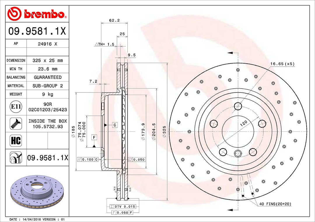 Brembo Brake Rotor, Xtra, Vented Cross Drilled, One Piece Design, Wheel Bolt Pattern 5 X 120 Millimeter – 0995811XC02