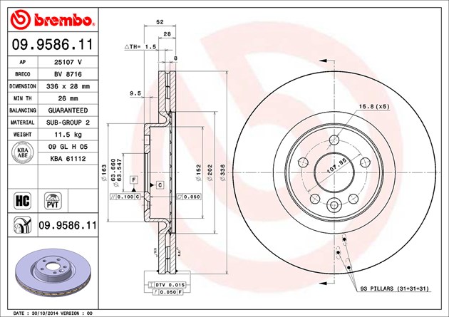 Brembo Brake Rotor, Vented, One Piece Design, Wheel Bolt Pattern 5 X 107.95 Millimeter – 09958611C02