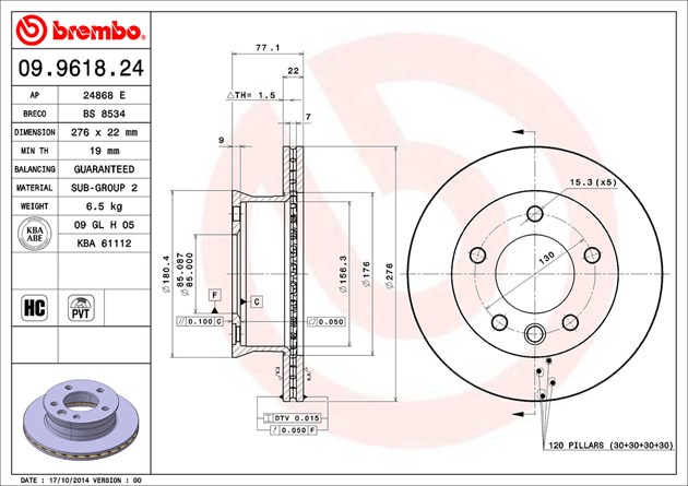Brembo Brake Rotor, Vented, One Piece Design, Wheel Bolt Pattern 5 X 130 Millimeter – 09961824C02