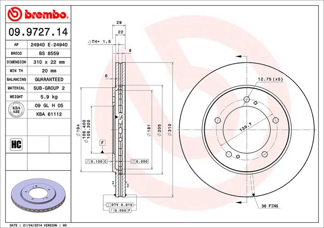 Brembo Brake Rotor, Vented, One Piece Design, Wheel Bolt Pattern 5 X 139.7 Millimeter – 09972714C02
