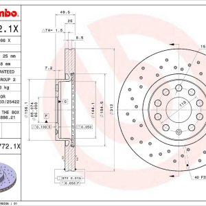 Brembo Brake Rotor, Xtra, Vented Cross Drilled, One Piece Design, Wheel Bolt Pattern 5 X 112 Millimeter – 0997721XC02