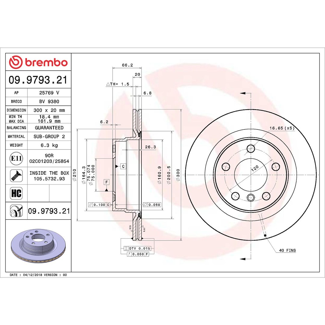 Brembo Brake Rotor, Prime, Vented, One Piece Design, Wheel Bolt Pattern 5 X 120 Millimeter – 09979321C02