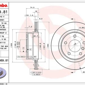 Brembo Brake Rotor, Vented, One Piece Design, Wheel Bolt Pattern 5 X 120 Millimeter – 09986981C02