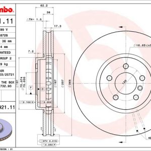 Brembo Brake Rotor, Vented, One Piece Design, Wheel Bolt Pattern 5 X 120 Millimeter – 09992111C02