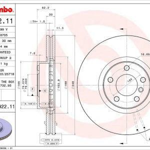 Brembo Brake Rotor, Vented, One Piece Design, Wheel Bolt Pattern 5 X 120 Millimeter – 09992211C02