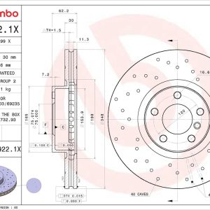 Brembo Brake Rotor, Xtra, Vented Cross Drilled, One Piece Design, Wheel Bolt Pattern 5 X 120 Millimeter – 0999221XC02