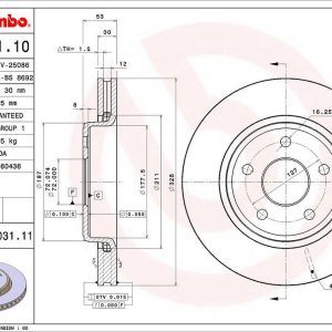 Brembo Brake Rotor, Vented, One Piece Design, Wheel Bolt Pattern 5 X 127 Millimeter – 09A03111C02