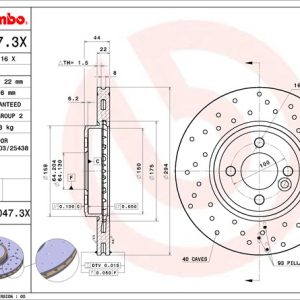 Brembo Brake Rotor, Xtra, Vented Cross Drilled, One Piece Design, Wheel Bolt Pattern 4 X 100 Millimeter – 09A0473XC02