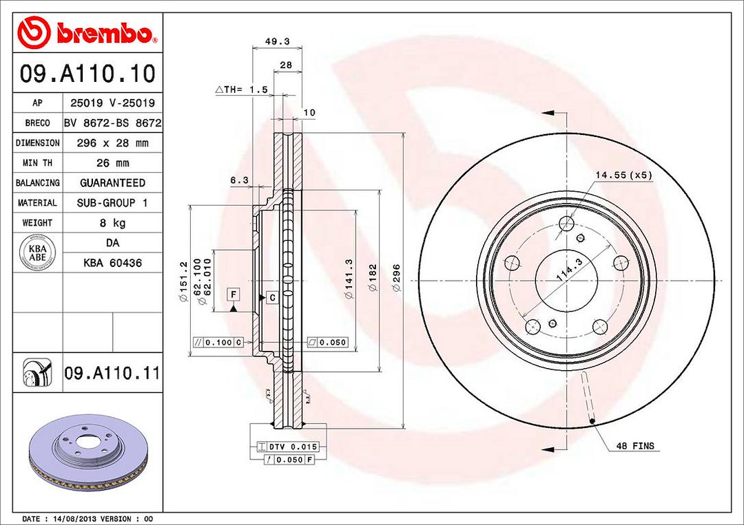 Brembo Brake Rotor, Vented, One Piece Design, Wheel Bolt Pattern 5 X 114.3 Millimeter – 09A11011C02