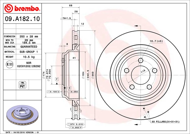 Brembo Brake Rotor, Vented, One Piece Design, Wheel Bolt Pattern 5 X 115 Millimeter – 09A18211C02