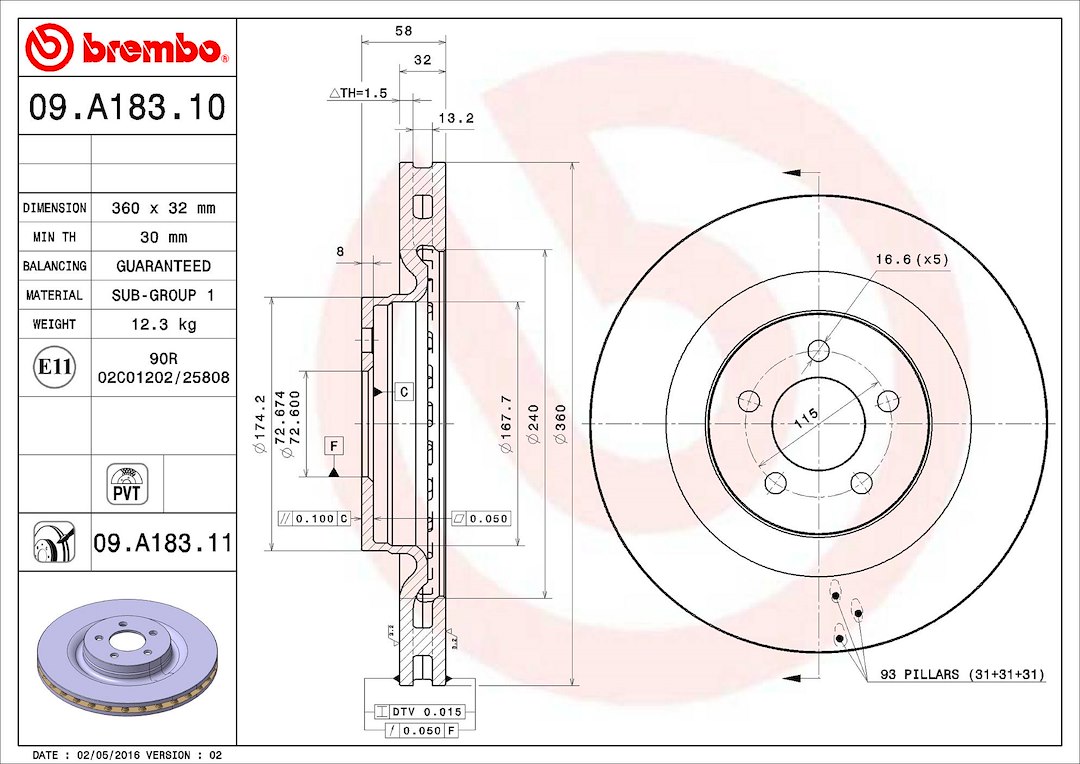 Brembo Brake Rotor, Vented, One Piece Design, Wheel Bolt Pattern 5 X 115 Millimeter – 09A18311C02