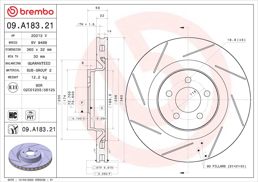 Brembo Brake Rotor, Prime, Vented, One Piece Design, Wheel Bolt Pattern 5 X 115 Millimeter – 09A18321C02
