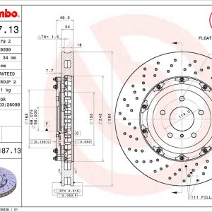 Brembo Brake Rotor, Vented Cross Drilled, One Piece Design, Wheel Bolt Pattern 5 X 114.3 Millimeter – 09A18713C02