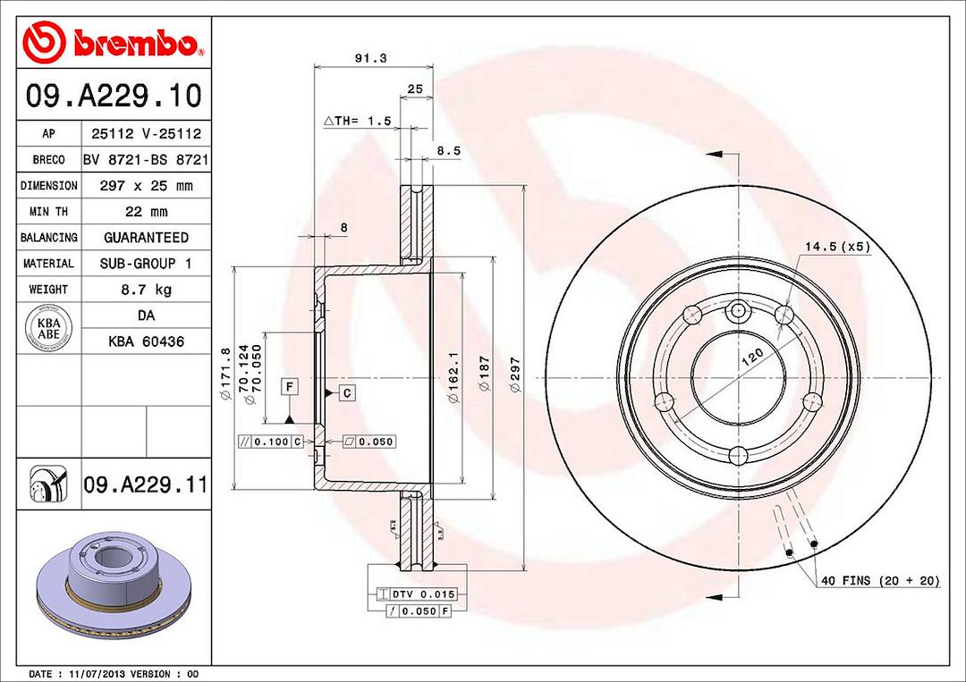 Brembo Brake Rotor, Vented, One Piece Design, Wheel Bolt Pattern 5 X 120 Millimeter – 09A22911C02