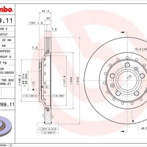 Brembo Brake Rotor, Vented, One Piece Design, Wheel Bolt Pattern 5 X 112 Millimeter – 09A26911C02