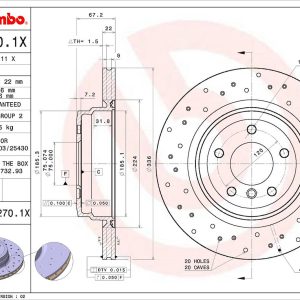 Brembo Brake Rotor, Xtra, Vented Cross Drilled, One Piece Design, Wheel Bolt Pattern 5 X 120 Millimeter – 09A2701XC02