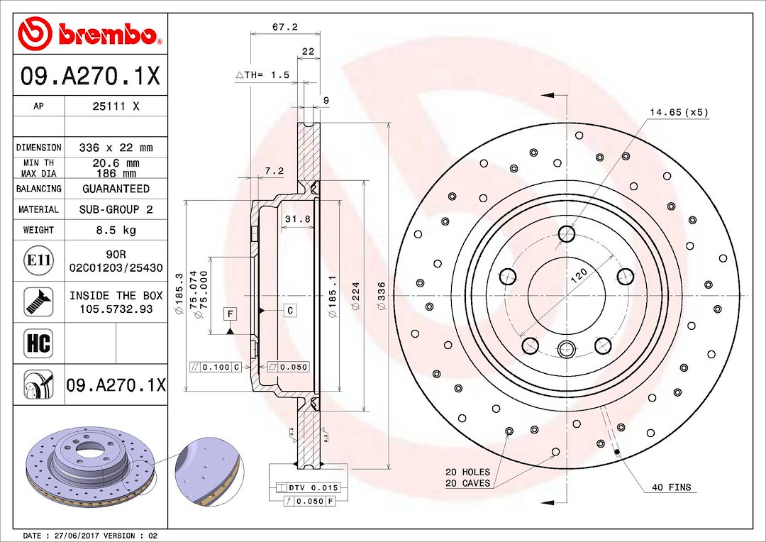Brembo Brake Rotor, Xtra, Vented Cross Drilled, One Piece Design, Wheel Bolt Pattern 5 X 120 Millimeter – 09A2701XC02