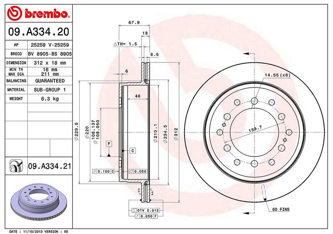 Brembo Brake Rotor, Vented, One Piece Design, Wheel Bolt Pattern 6 X 139.7 Millimeter – 09A33421C02