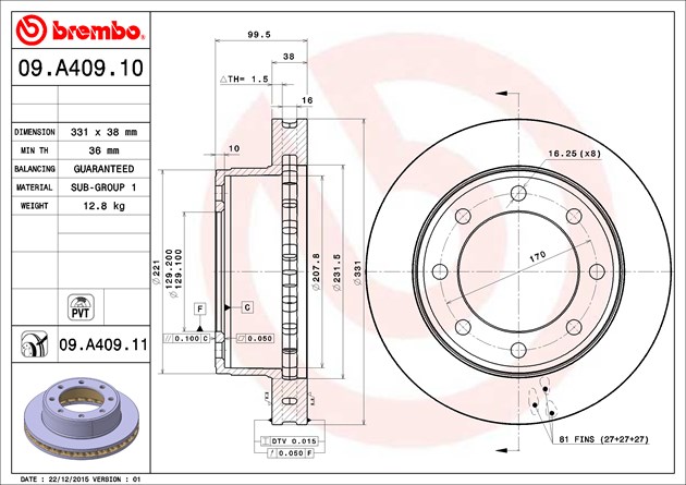 Brembo Brake Rotor, Vented, One Piece Design, Wheel Bolt Pattern 8 X 170 Millimeter – 09A40911C02