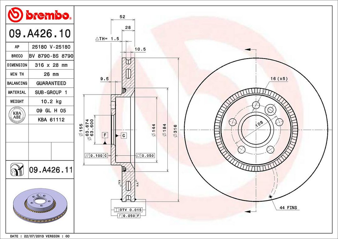 Brembo Brake Rotor, Vented, One Piece Design, Wheel Bolt Pattern 5 X 108 Millimeter – 09A42611C02