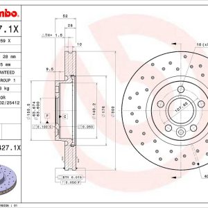 Brembo Brake Rotor, Xtra, Vented Cross Drilled, One Piece Design, Wheel Bolt Pattern 5 X 107.95 Millimeter – 09A4271XC02