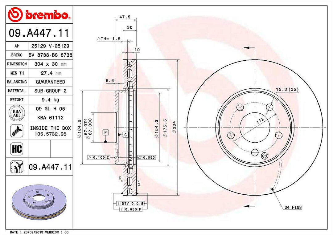 Brembo Brake Rotor, Vented, One Piece Design, Wheel Bolt Pattern 5 X 112 Millimeter – 09A44711C02