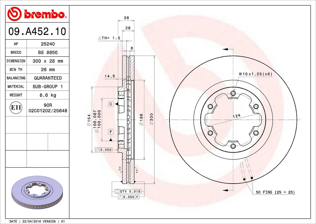 Brembo Brake Rotor, Vented, One Piece Design, Wheel Bolt Pattern 6 X 124 Millimeter – 09A45210C02