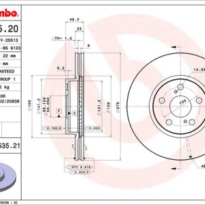 Brembo Brake Rotor, Vented, One Piece Design, Wheel Bolt Pattern 5 X 100 Millimeter – 09A53521C02