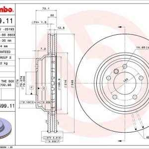 Brembo Brake Rotor, Vented, One Piece Design, Wheel Bolt Pattern 5 X 120 Millimeter – 09A59911C02
