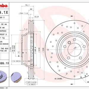 Brembo Brake Rotor, Xtra, Vented Cross Drilled, One Piece Design, Wheel Bolt Pattern 5 X 120 Millimeter – 09A5991XC02