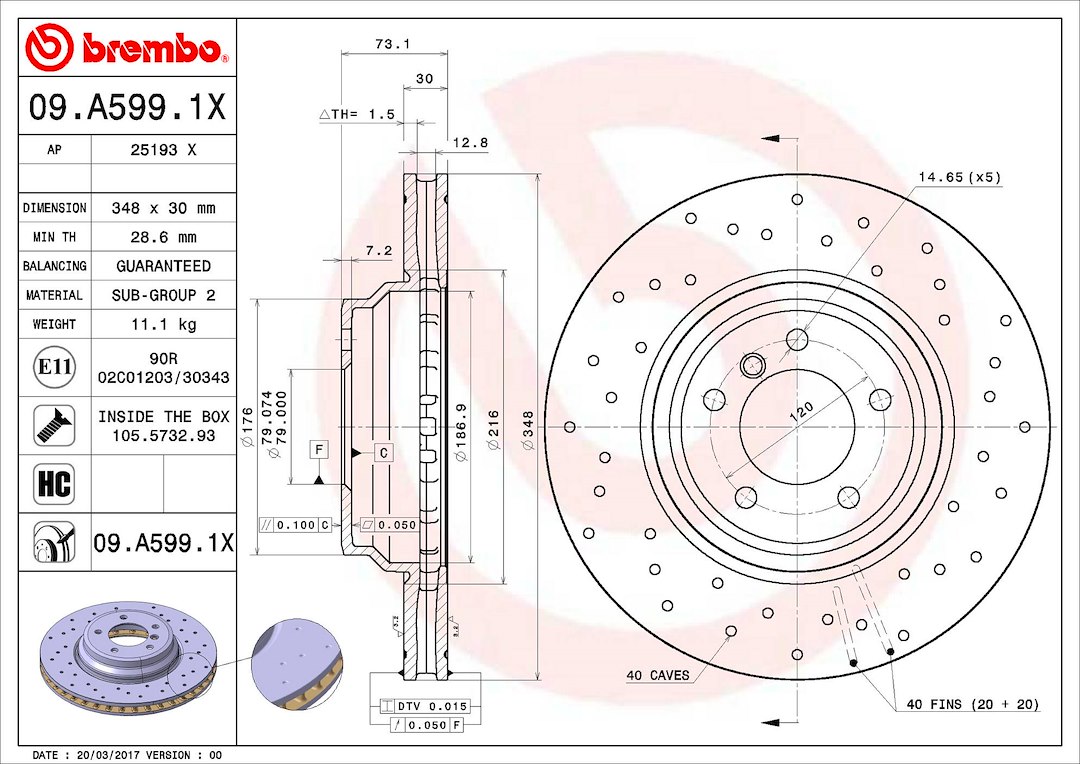 Brembo Brake Rotor, Xtra, Vented Cross Drilled, One Piece Design, Wheel Bolt Pattern 5 X 120 Millimeter – 09A5991XC02