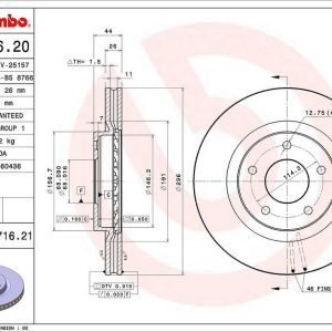 Brembo Brake Rotor, Vented, One Piece Design, Wheel Bolt Pattern 5 X 114.3 Millimeter – 09A71621C02