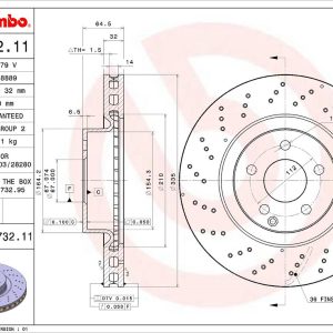 Brembo Brake Rotor, Vented Cross Drilled, One Piece Design, Wheel Bolt Pattern 5 X 112 Millimeter – 09A73211C02