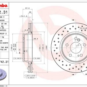 Brembo Brake Rotor, Vented Cross Drilled, One Piece Design, Wheel Bolt Pattern 5 X 112 Millimeter – 09A74231C02