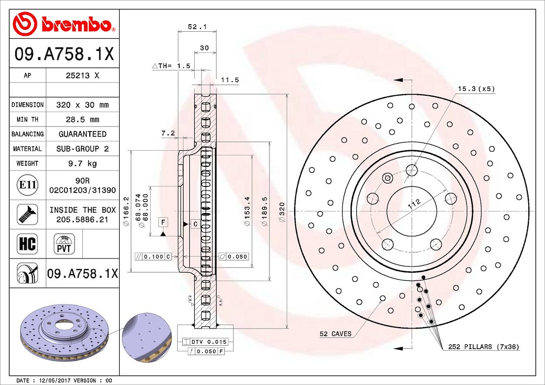 Brembo Brake Rotor, Xtra, Vented Cross Drilled, One Piece Design, Wheel Bolt Pattern 5 X 112 Millimeter – 09A7581XC02