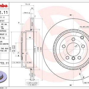 Brembo Brake Rotor, Vented, One Piece Design, Wheel Bolt Pattern 5 X 120 Millimeter – 09A77211C02