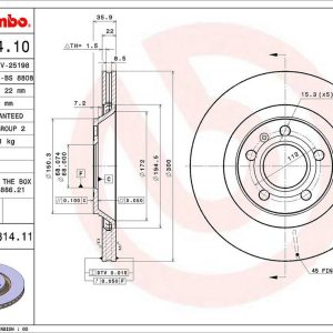 Brembo Brake Rotor, Vented, One Piece Design, Wheel Bolt Pattern 5 X 112 Millimeter – 09A81411C02