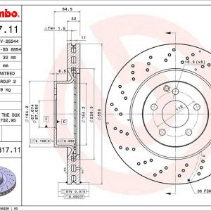 Brembo Brake Rotor, Vented Cross Drilled, One Piece Design, Wheel Bolt Pattern 5 X 112 Millimeter – 09A81711C02
