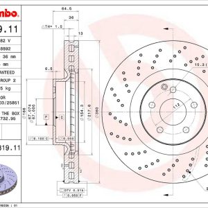 Brembo Brake Rotor, Vented Cross Drilled, One Piece Design, Wheel Bolt Pattern 5 X 112 Millimeter – 09A81911C02