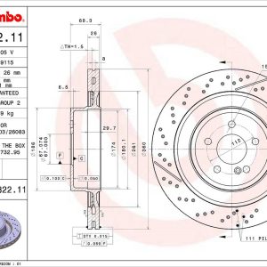 Brembo Brake Rotor, Vented Cross Drilled, One Piece Design, Wheel Bolt Pattern 5 X 112 Millimeter – 09A82211C02