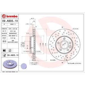 Brembo Brake Rotor, Xtra, Vented Cross Drilled, One Piece Design, Wheel Bolt Pattern 5 X 107.95 Millimeter – 09.A905.1X