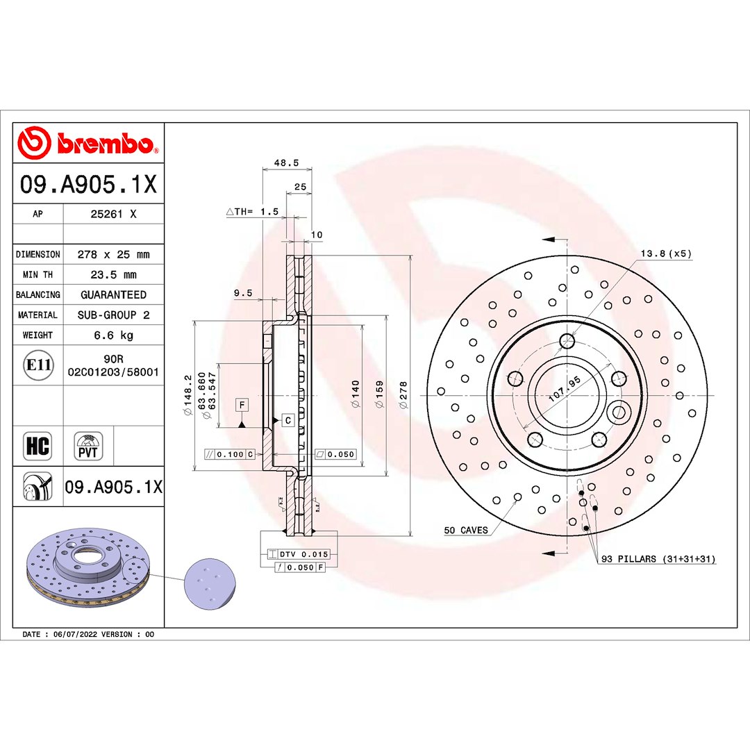 Brembo Brake Rotor, Xtra, Vented Cross Drilled, One Piece Design, Wheel Bolt Pattern 5 X 107.95 Millimeter – 09.A905.1X