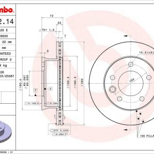 Brembo Brake Rotor, Vented, One Piece Design, Wheel Bolt Pattern 5 X 130 Millimeter – 09A92214C02