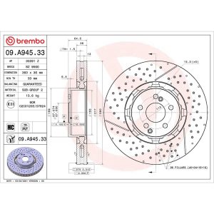 Brembo Brake Rotor, Prime, Vented, Slotted Cross Drilled, One Piece Design, Wheel Bolt Pattern 5 X 112 Millimeter – 09A94533C02